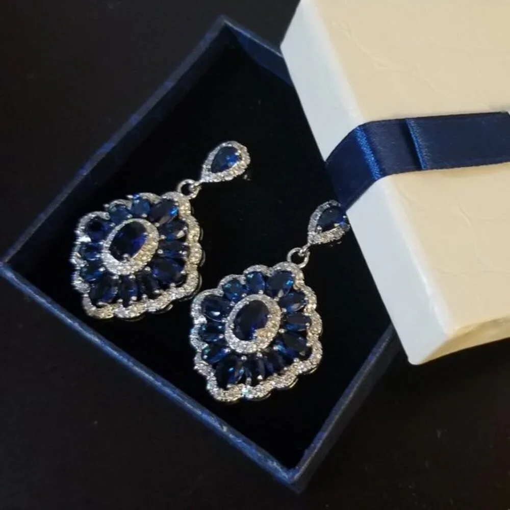 Swarovski Blue Crystal Floral Chandelier Women's Elegant Earrings